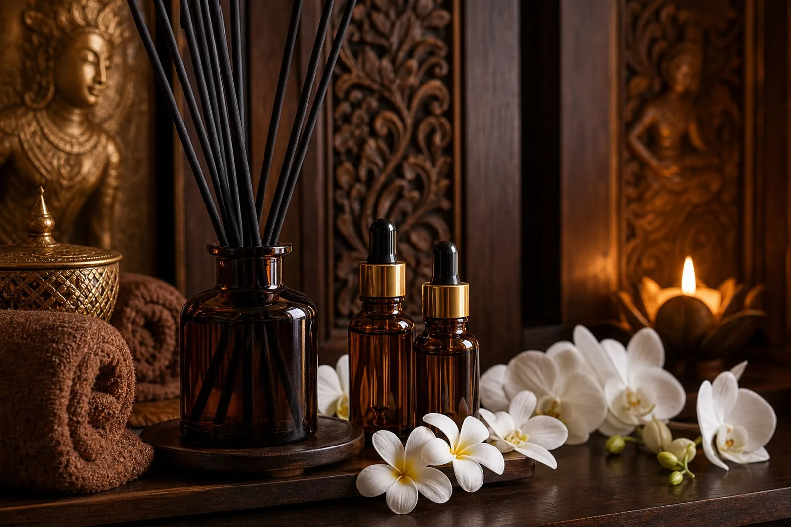 Small bottles of essential oil arranged beside dried botanicals