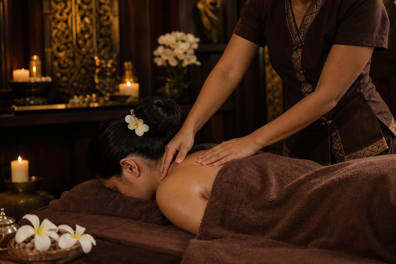 Therapist working gently on a guest's neck and shoulders