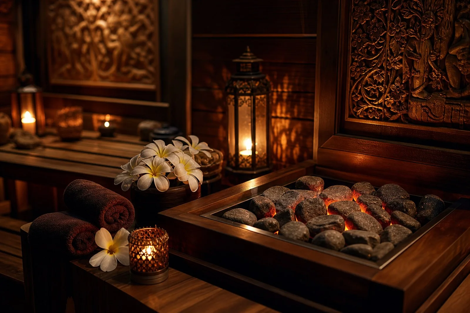 Warm wooden infrared sauna interior with soft lighting