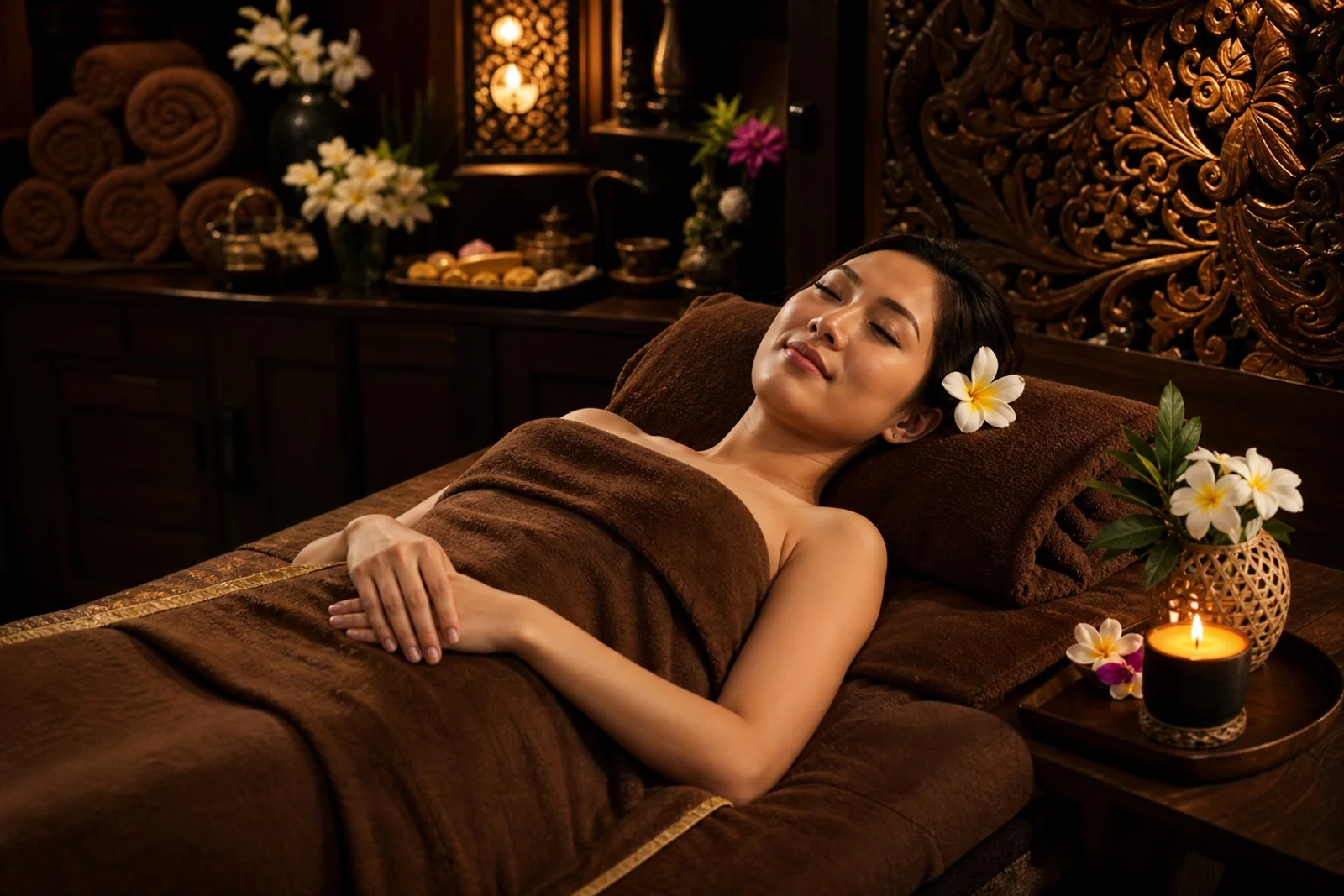 Dim, restful spa scene with soft candlelight